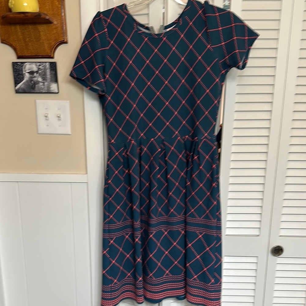 LuLaRoe Navy and Pink Geometric Midi Dress